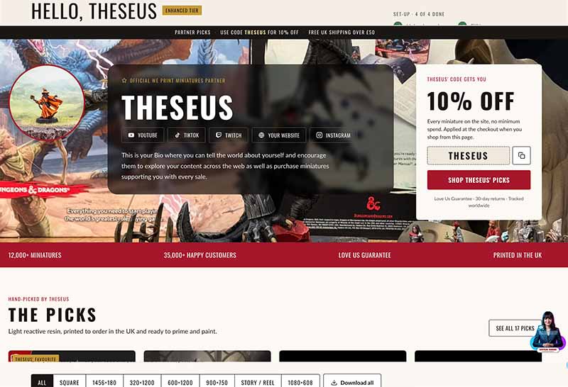 Your creator page, live on weprintminiatures.com, ready for the followers you just talked to.