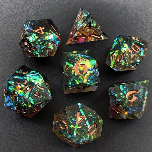 Phoenix Glint | Sharp Edge Dice | 7 Piece Set - Tabletop Dominion - We Print Miniatures
