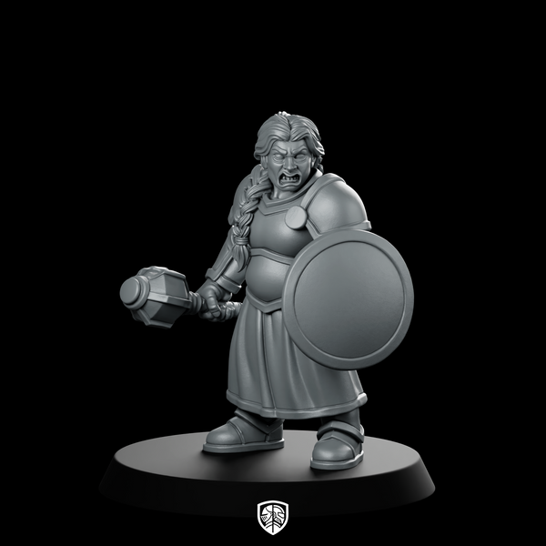 Female Dwarf Cleric With Mace And Shield Miniature Product Render