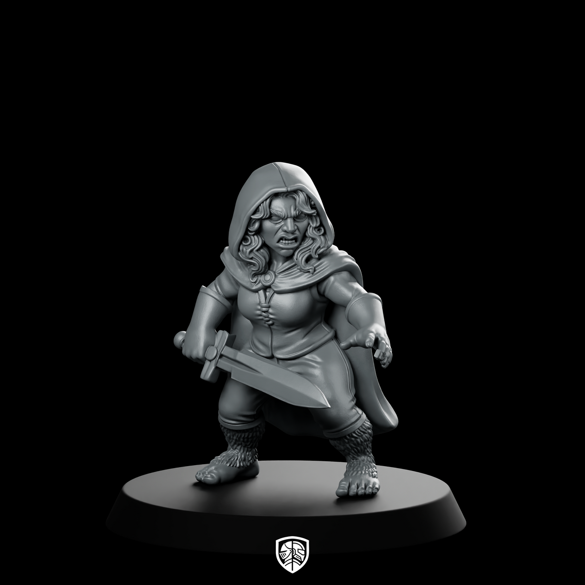 Female Halfling Rogue With Dagger Miniature Hooded