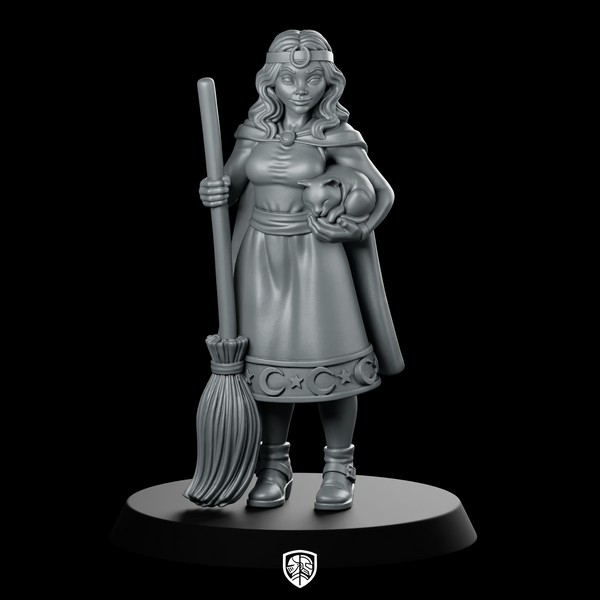 Female Human Witch With Broom And Miniature
