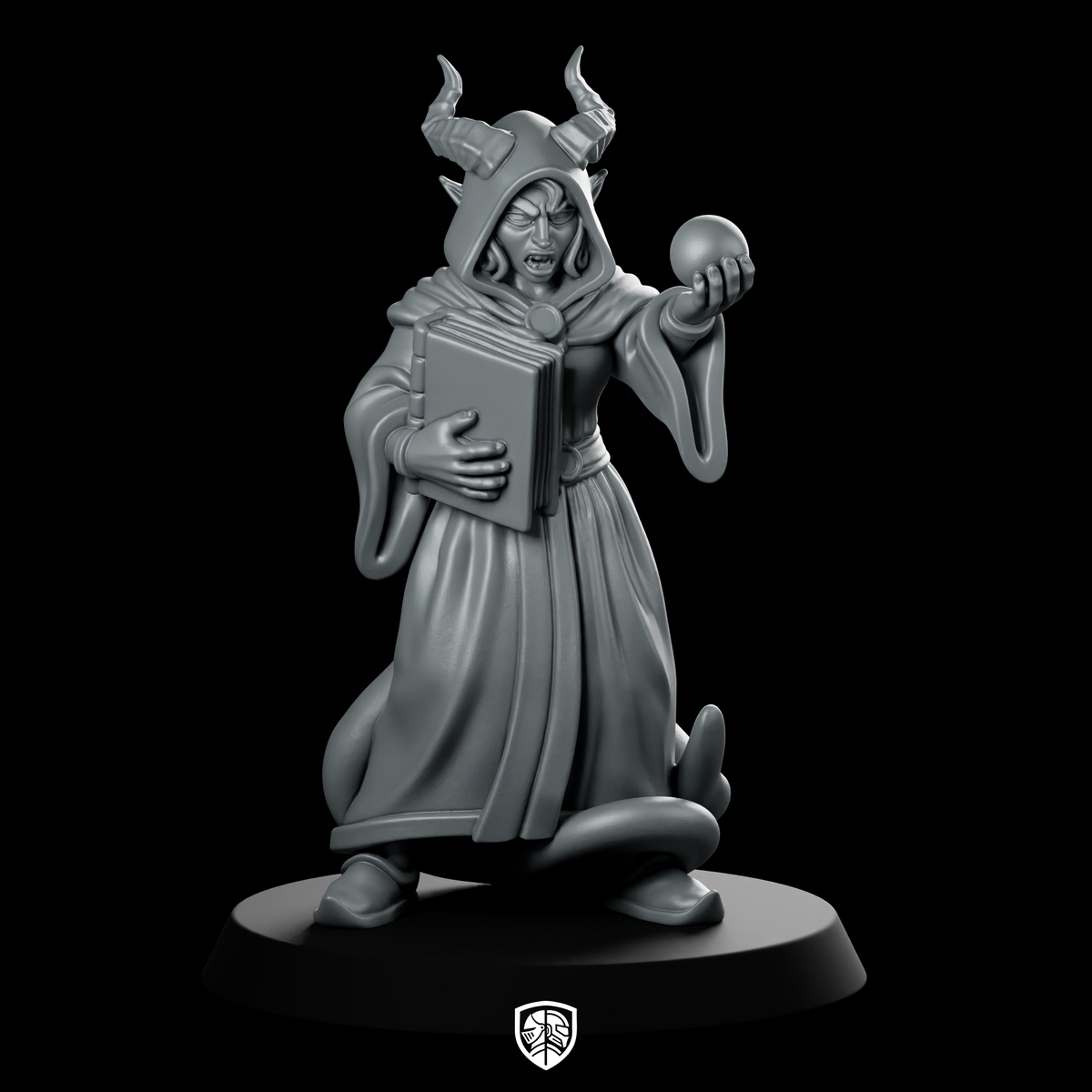 Female Tiefling Warlock With Tome And Miniature