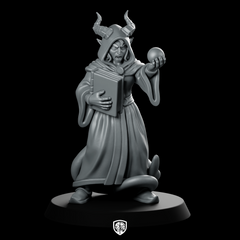 Female Tiefling Warlock With Tome And Miniature