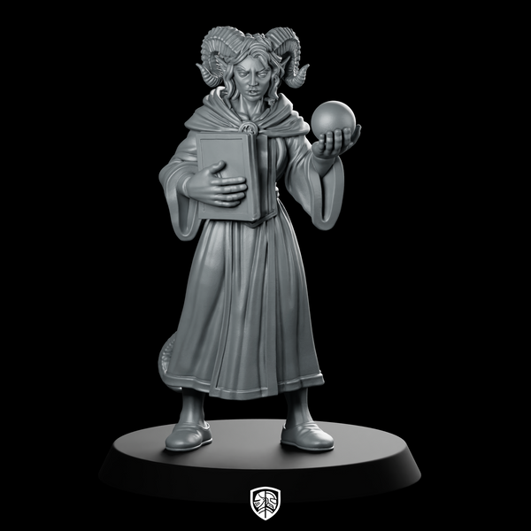 Female Tiefling Warlock With Tome And Miniature