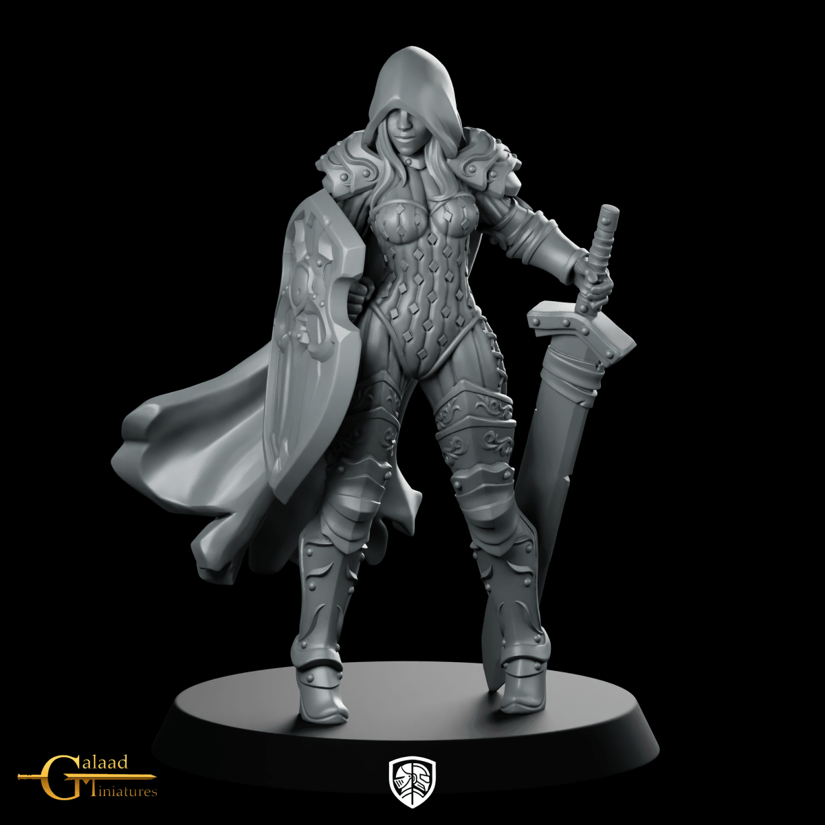 Female Warden 05 Miniature Hooded Shieldmaiden Paladin - Galaad - We Print Miniatures