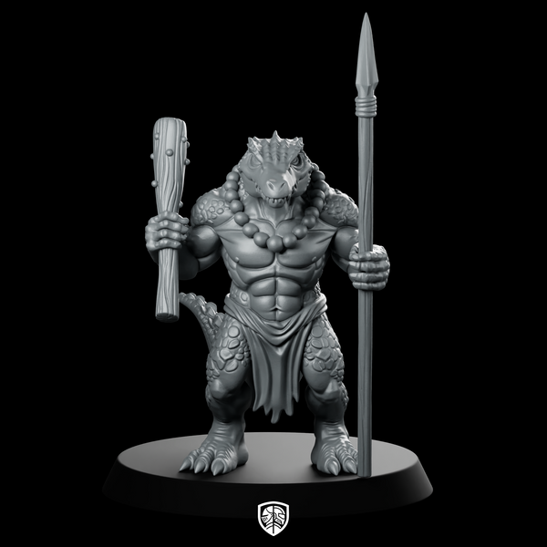 Lizardfolk With Club And Spear Miniature Warrior