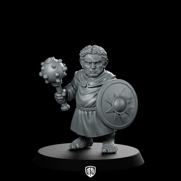 Male Halfling Cleric With Mace And Miniature