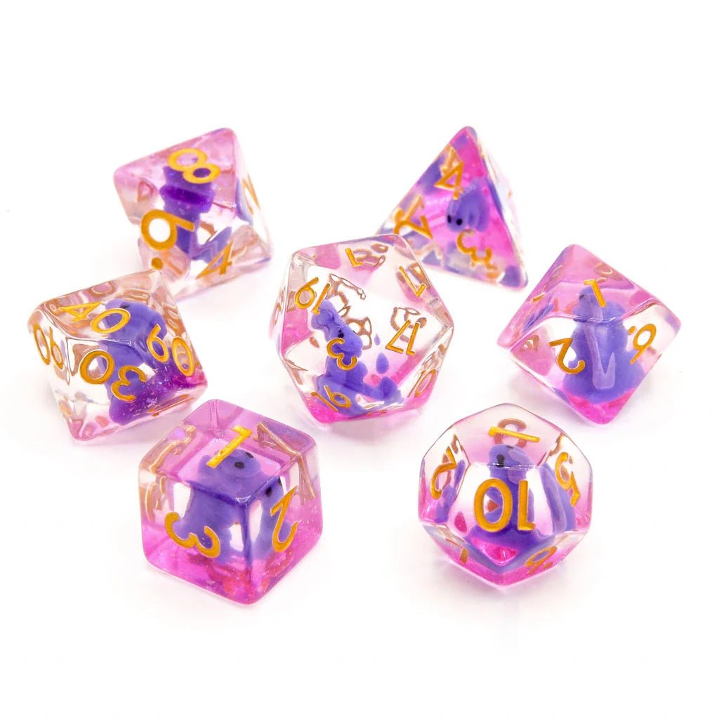 Purple T - Rex | Resin Inclusion Dice | 7 Piece Set - Tabletop Dominion - We Print Miniatures