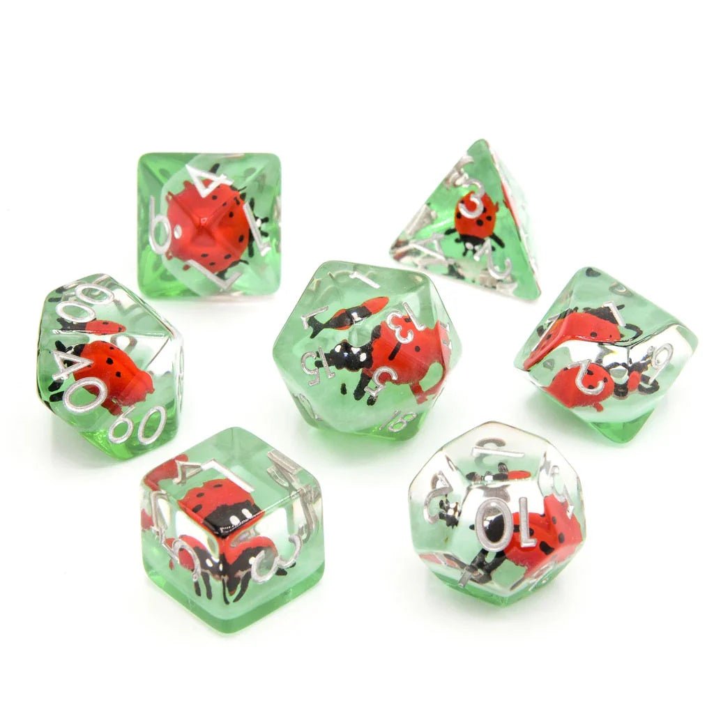 Red Ladybugs | Resin Inclusion Dice | 7 Piece Set - Tabletop Dominion - We Print Miniatures