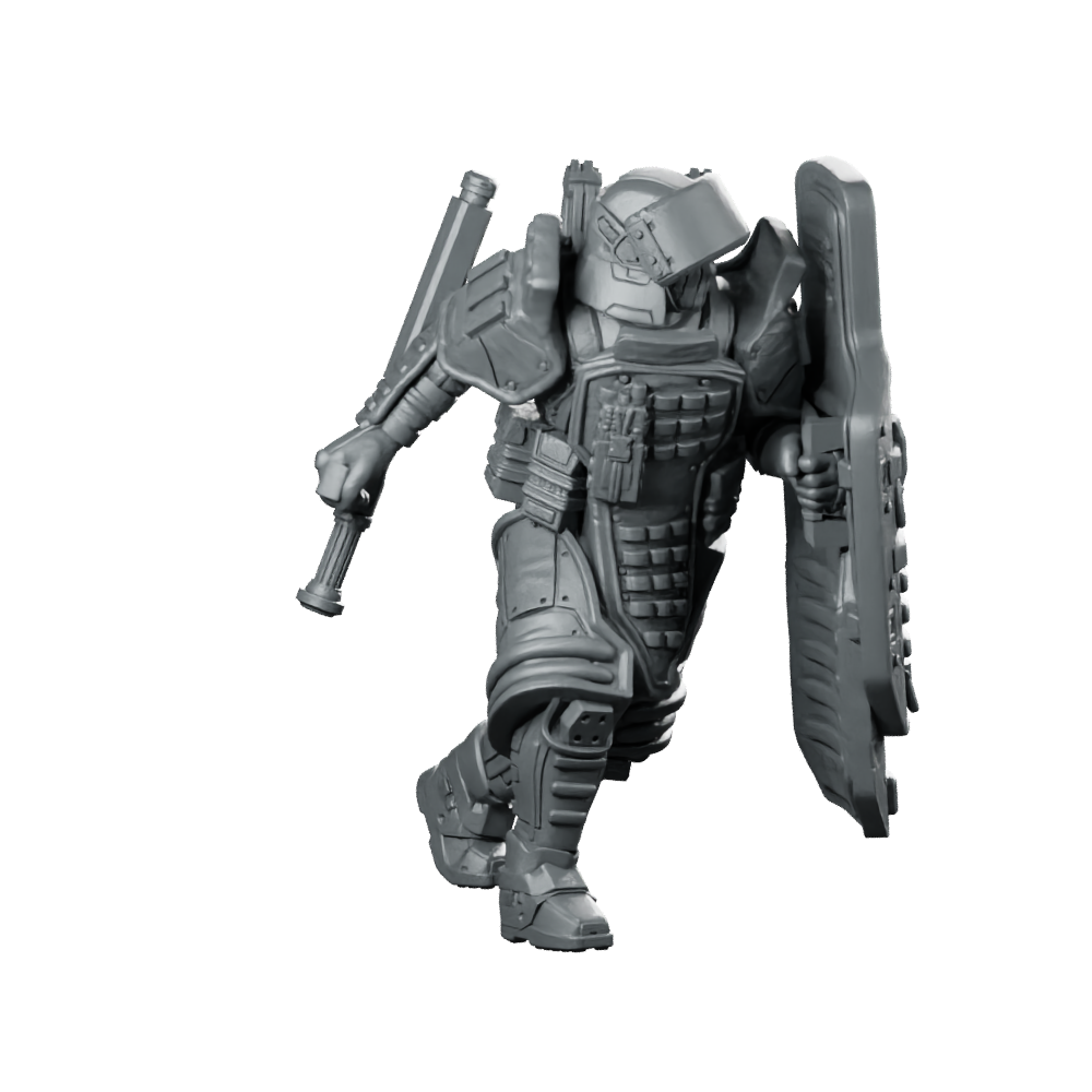 Red P3 Cyberpunk Miniature Heavy Armoured Riot Shield Miniature 360 Spin 01