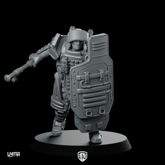 Red P4 Cyberpunk Miniature Armored Shield Enforcer Soldier - Unit9 - We Print Miniatures
