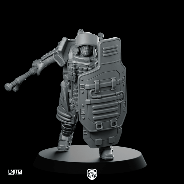 Red P4 Cyberpunk Miniature Armored Shield Enforcer Soldier - Unit9 - We Print Miniatures