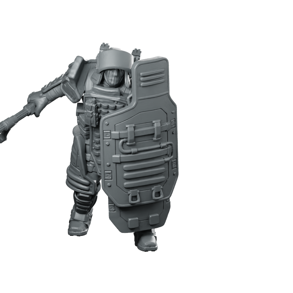 Red P4 Cyberpunk Miniature Armored Shield Enforcer Soldier Miniature 360 Spin 01