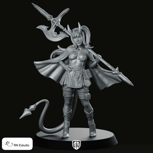 Serapha Darkhalberd Miniature Tiefling Warrior Cloaked Halberd - RN Estudio - We Print Miniatures
