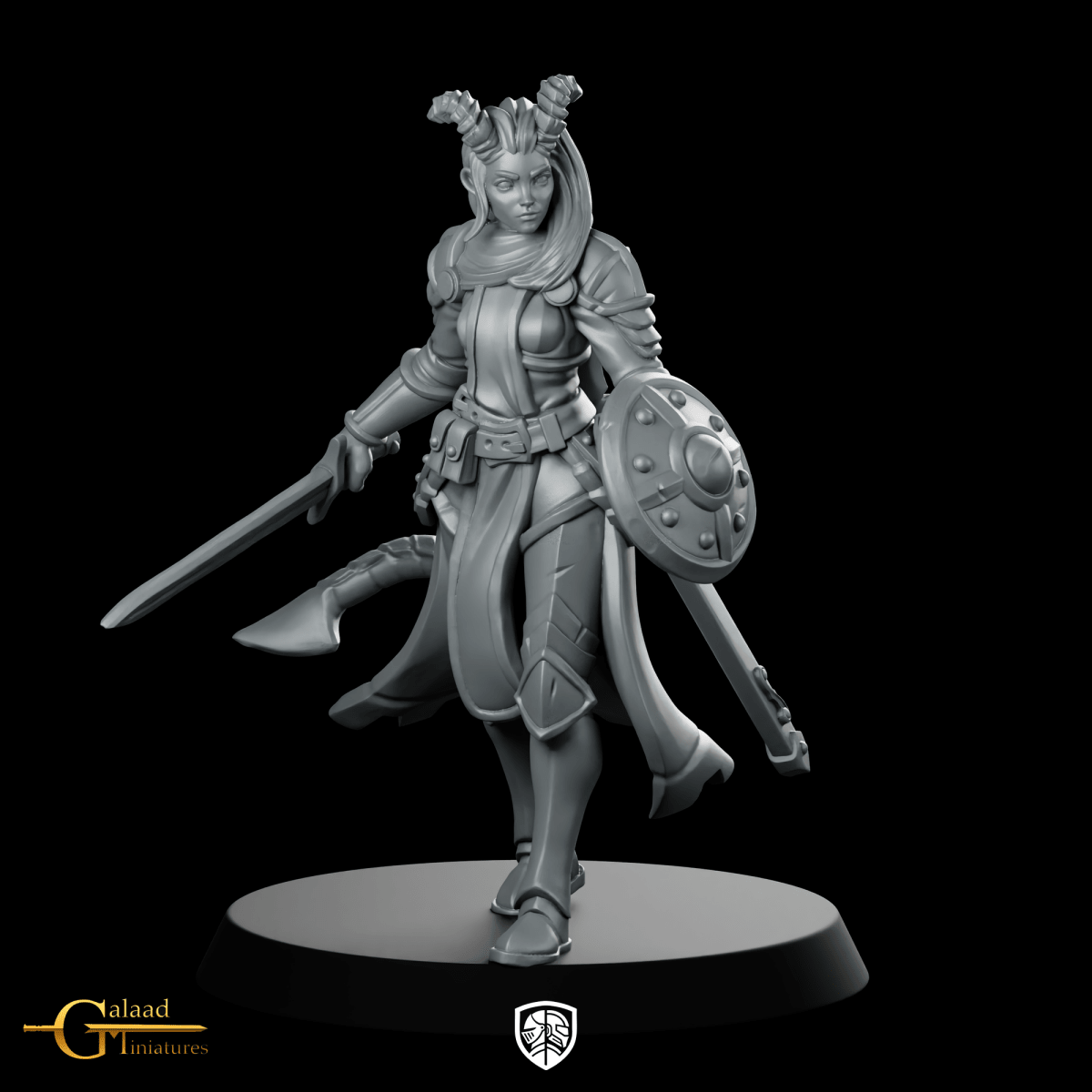 Tiefling Knight Miniature Horned Shieldmaiden Duellist - Galaad - We Print Miniatures