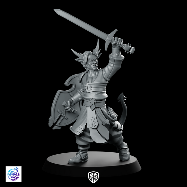 Tiefling Sword Fighter Miniature Horned Shielded Warrior
