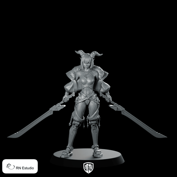 Vexa Thorn Miniature Dual - Blade Horned Female Warrior - RN Estudio - We Print Miniatures