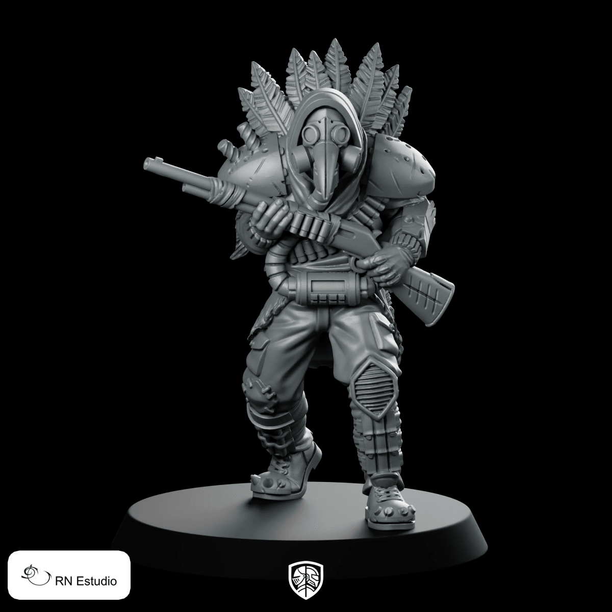 Wasteland CrowEyes Miniature Bounty Hunter Gas Mask Rifle - RN Estudio - We Print Miniatures