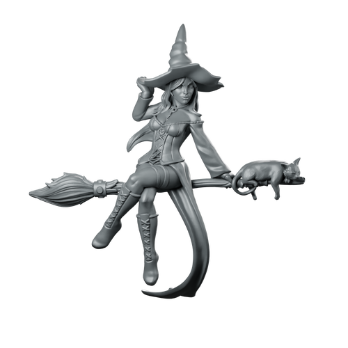 Witch on Broom Miniature Sorceress Broom Cat Miniature 360 Spin 01