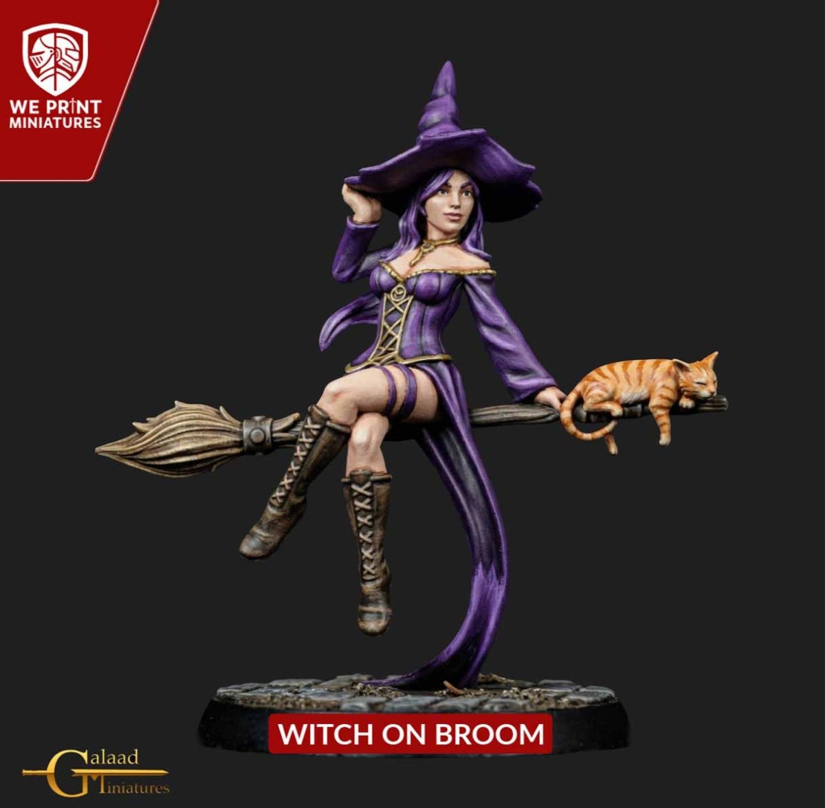 Witch on Broom Miniature Sorceress Broom Cat - Galaad - We Print Miniatures