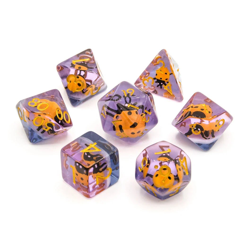 Yellow Ladybugs | Resin Inclusion Dice | 7 Piece Set - Tabletop Dominion - We Print Miniatures