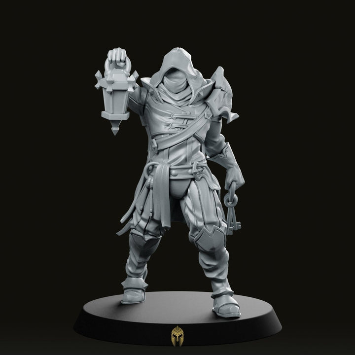 Carceriere fantasy – Miniatura fantasy con cappuccio, lanterna e chiavi