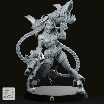 Jinx, vrouwelijke huurmoordenaar, met een miniatuurpistool, chaotisch