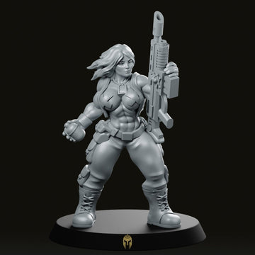 Sterke vrouwelijke soldaat, granaatminiatuur, sciencefiction-commandoheldin