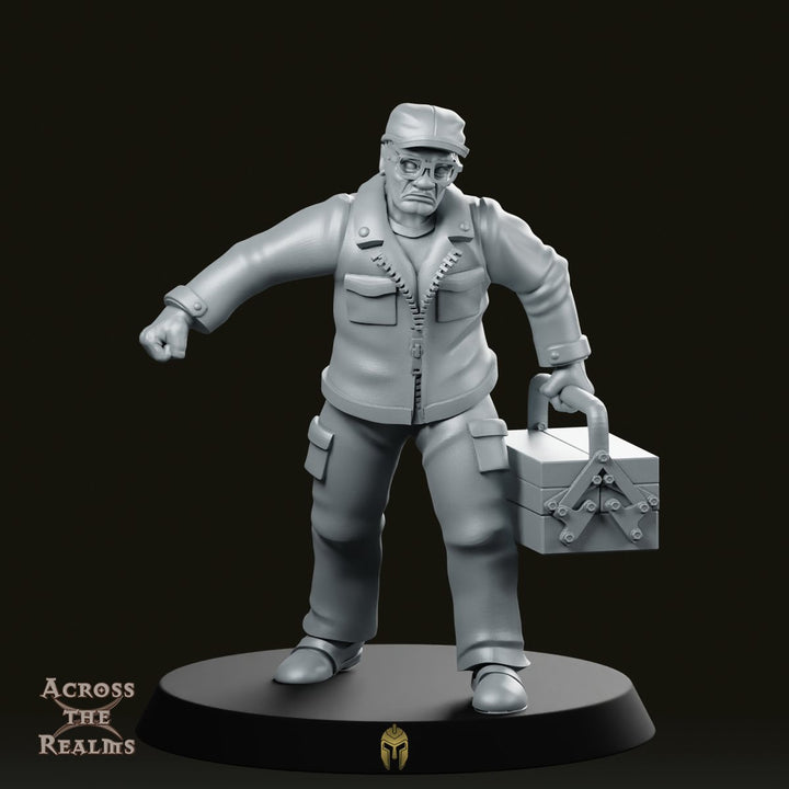 Mechanic Civilian NPC Miniature with Toolbox – Sci‑Fi & Modern Utility Character